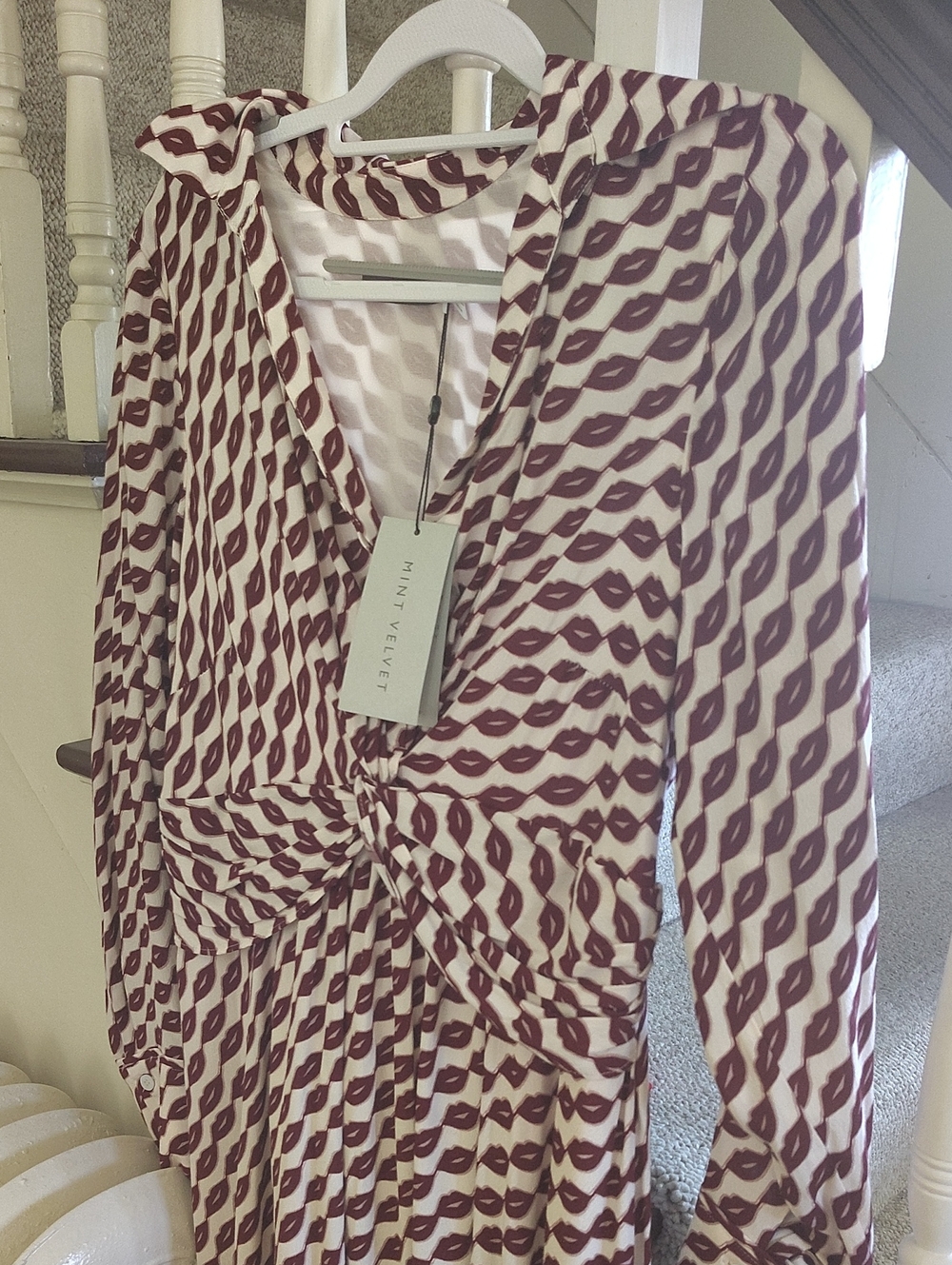 Twist-Front Long Sleeve Midi Dress in Cream and Chianti